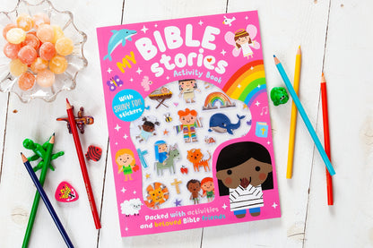 Children’s Bible stories activity book with colorful front cover and sticker scenes