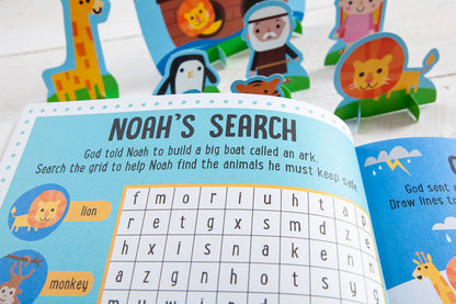 Noah’s Search puzzle page in a children’s Bible stories activity book