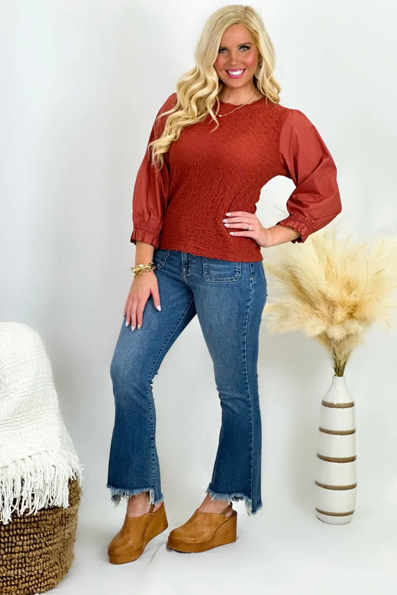 Brick Texture Ruffle Cuff Long Sleeve Top