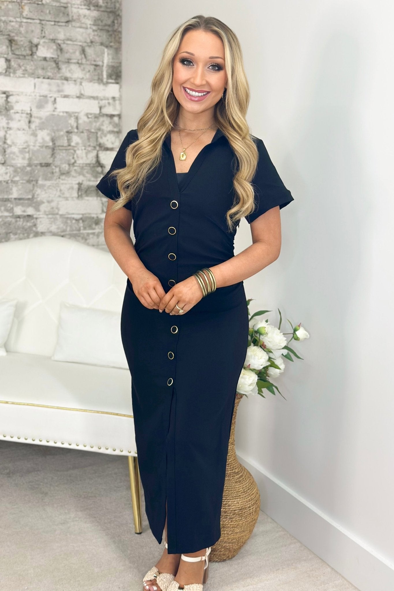 button front black midi dress Collared V-Neck Down | Affordable Boutique Dress for Women calf length Long Sleeve Gold Applique Sleeve Detail Size:11-12 Years (160cm)