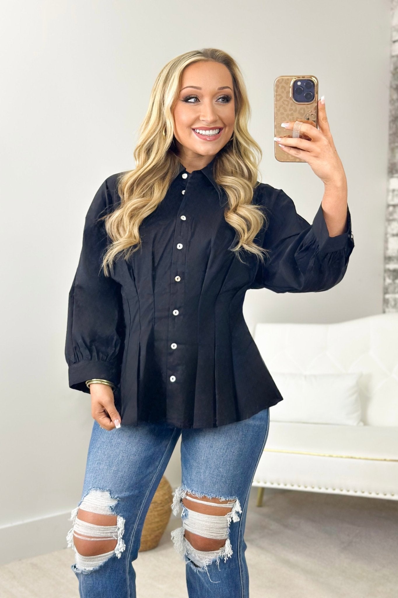 Black Long Sleeve Button Up Pleated Top - Lavish BoutiqueTops