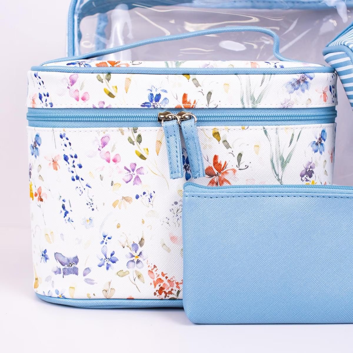Blue printed travel pouches from the Nora four-piece set