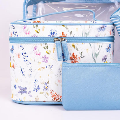 Blue printed travel pouches from the Nora four-piece set