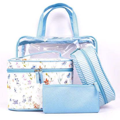 Four-piece travel pouch set in a blue multicolour print