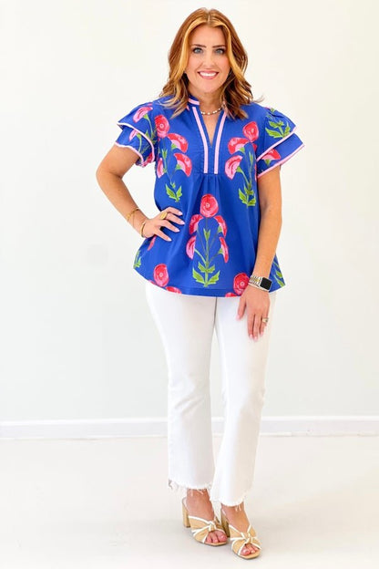Blue Blossom Ruffle Sleeve V - Neck Top - Lavish Boutique Tops
