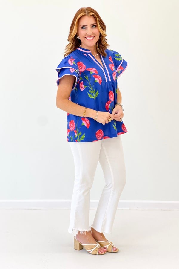 Blue Blossom Ruffle Sleeve V - Neck Top - Lavish Boutique Tops