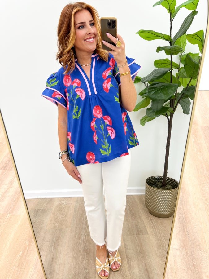 Blue Blossom Ruffle Sleeve V - Neck Top - Lavish Boutique Tops