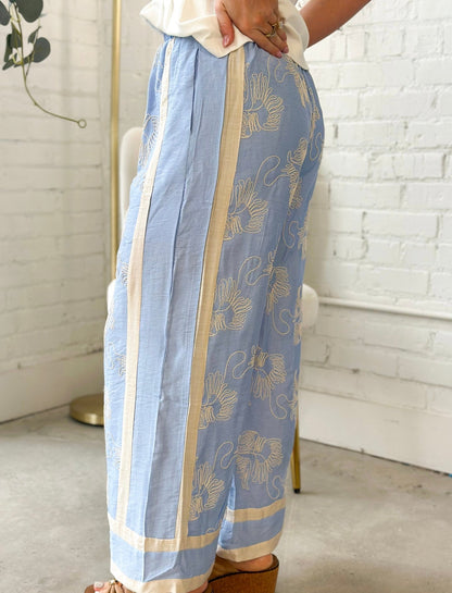 Blue Embroidered Linen Pants - Lavish Boutique Bottoms