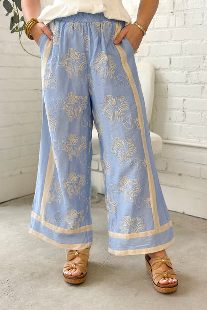 Blue Embroidered Linen Pants - Lavish Boutique Bottoms