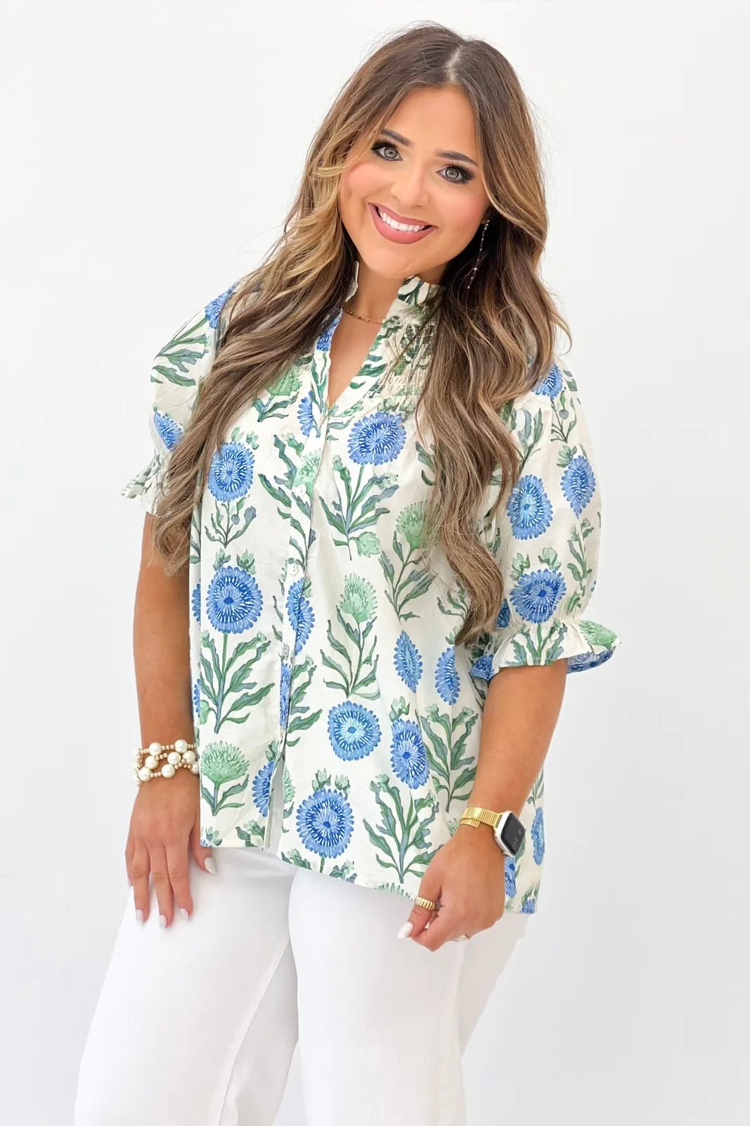 Blue Floral Print Button Down Top - Lavish BoutiqueTops