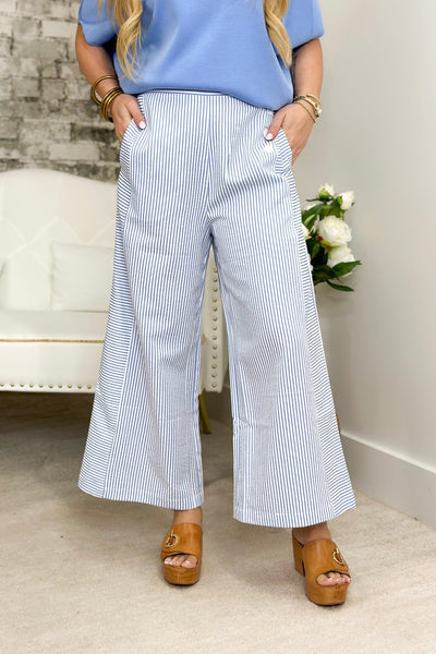 Blue Striped Seersucker Button Detail Pant - Lavish BoutiqueBottoms
