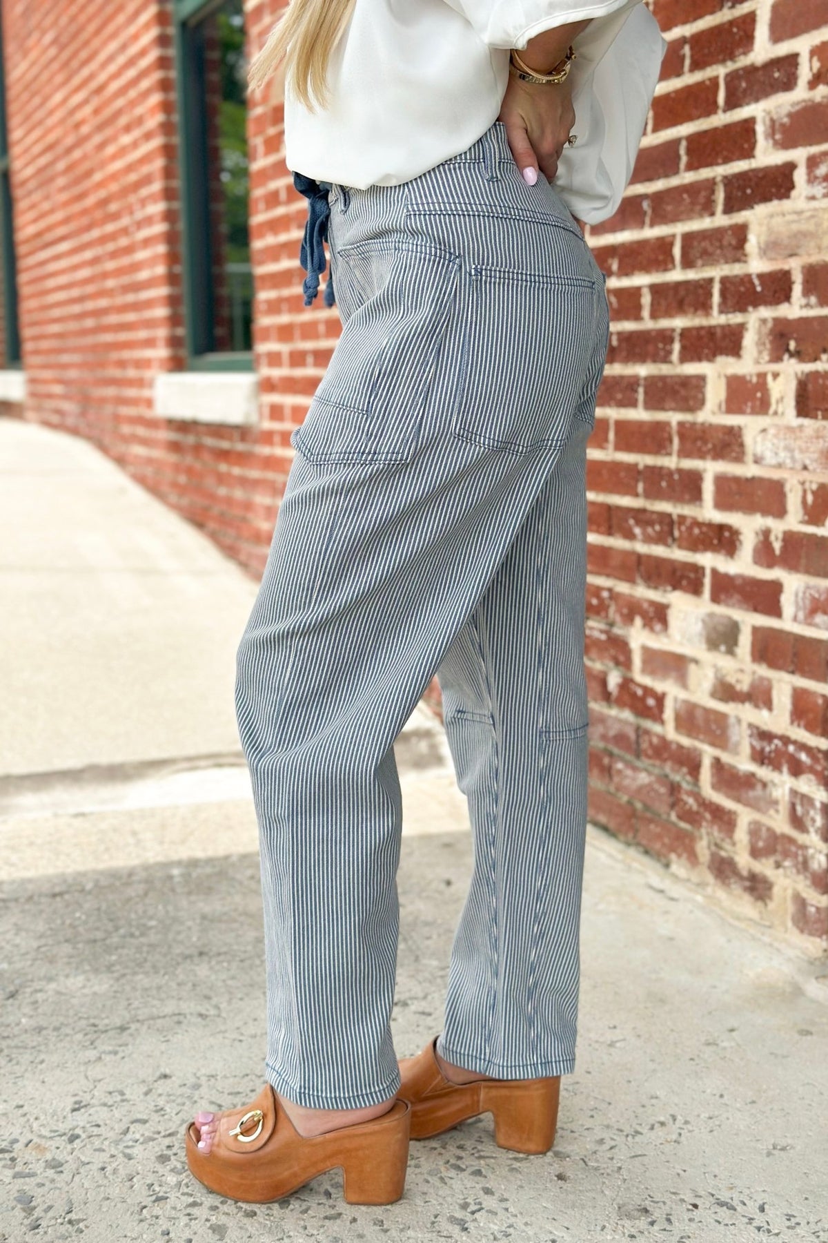 Blue Striped Washed Barrel Pants - Lavish Boutique Bottoms