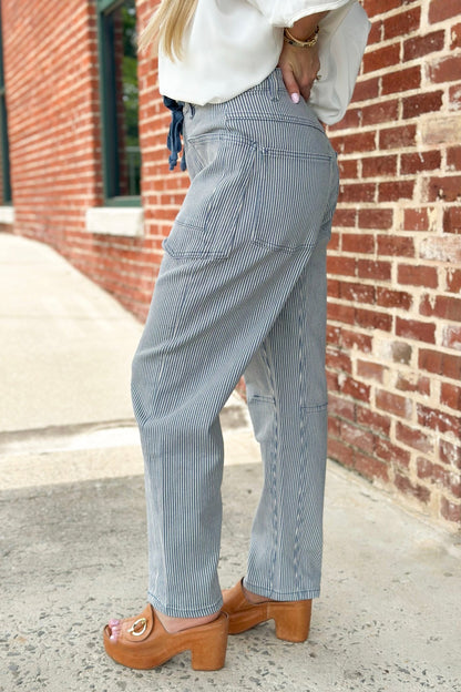 Blue Striped Washed Barrel Pants - Lavish Boutique Bottoms