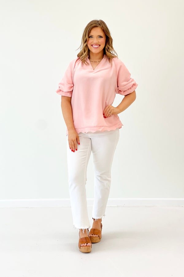 Blush Scalloped Hem V - Neck Top - Lavish Boutique Tops