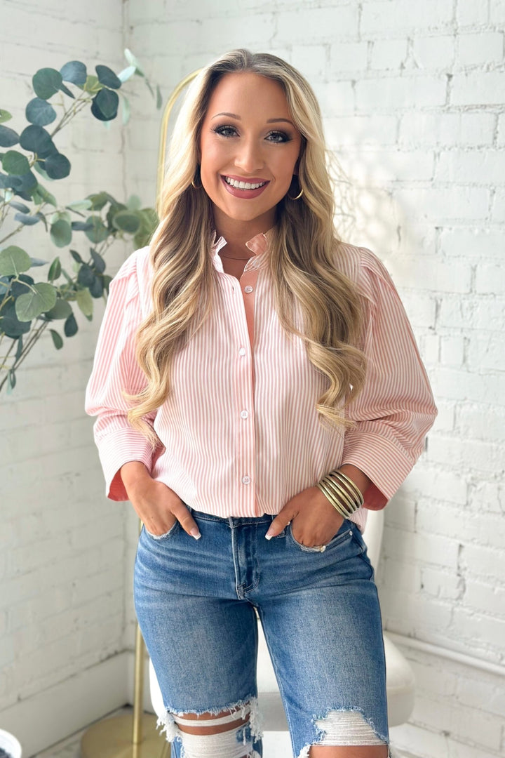Blush Striped Button Down Ruffle Neck Top - Lavish Boutique Tops