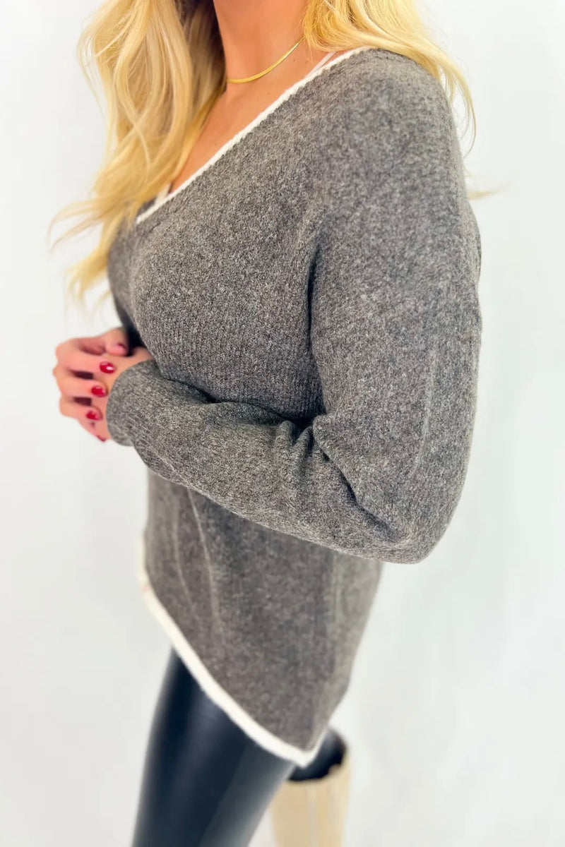 Brown Drop Shoulder V-Neck Sweater