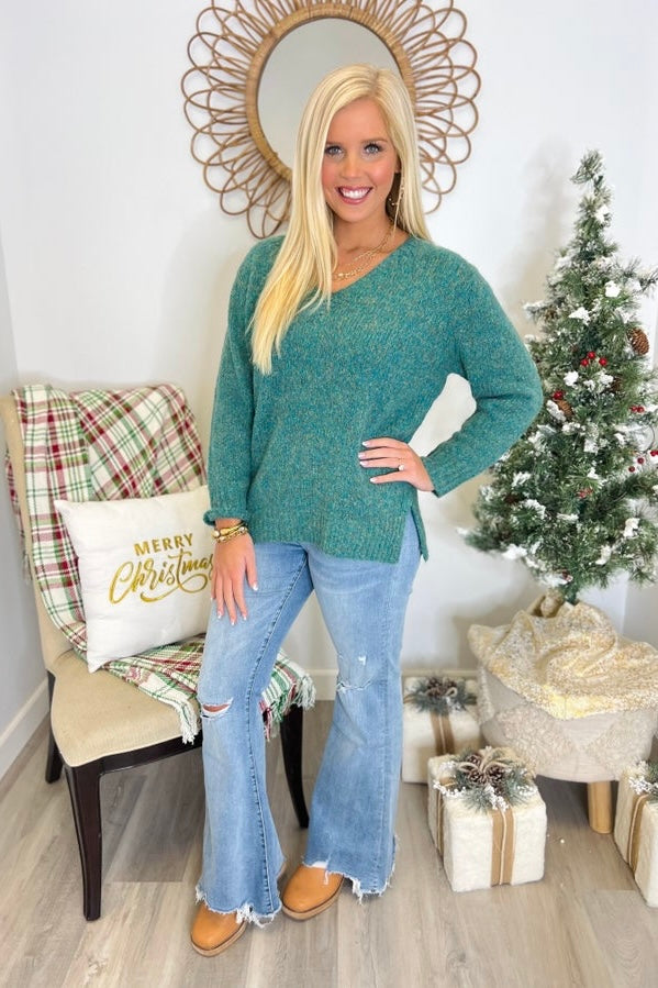 Green V-Neck Two Tone Sweater