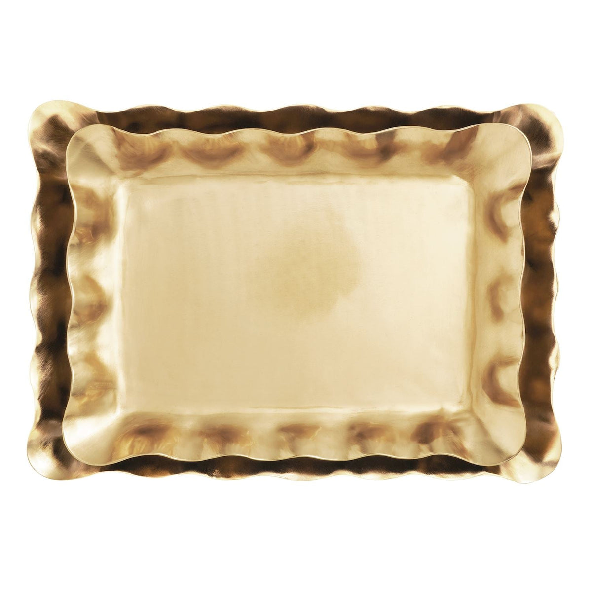 Set of two nested brass trays with ruffled gold edges