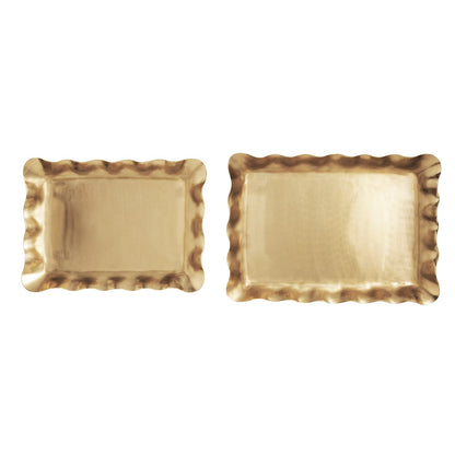 Gold brass trays with a ruffled rim, nested as a pair
