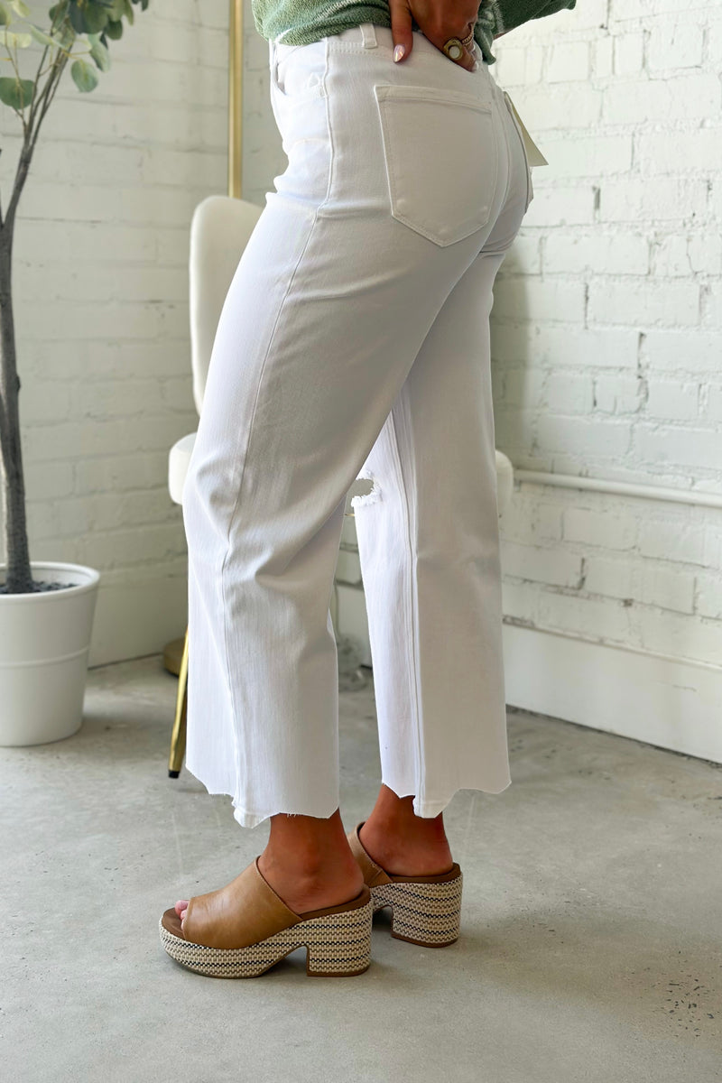 Optic White High Rise Distressed Wide Leg Jean