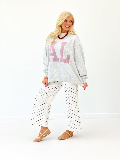 Grey sweatshirt with stitched collegiate lettering