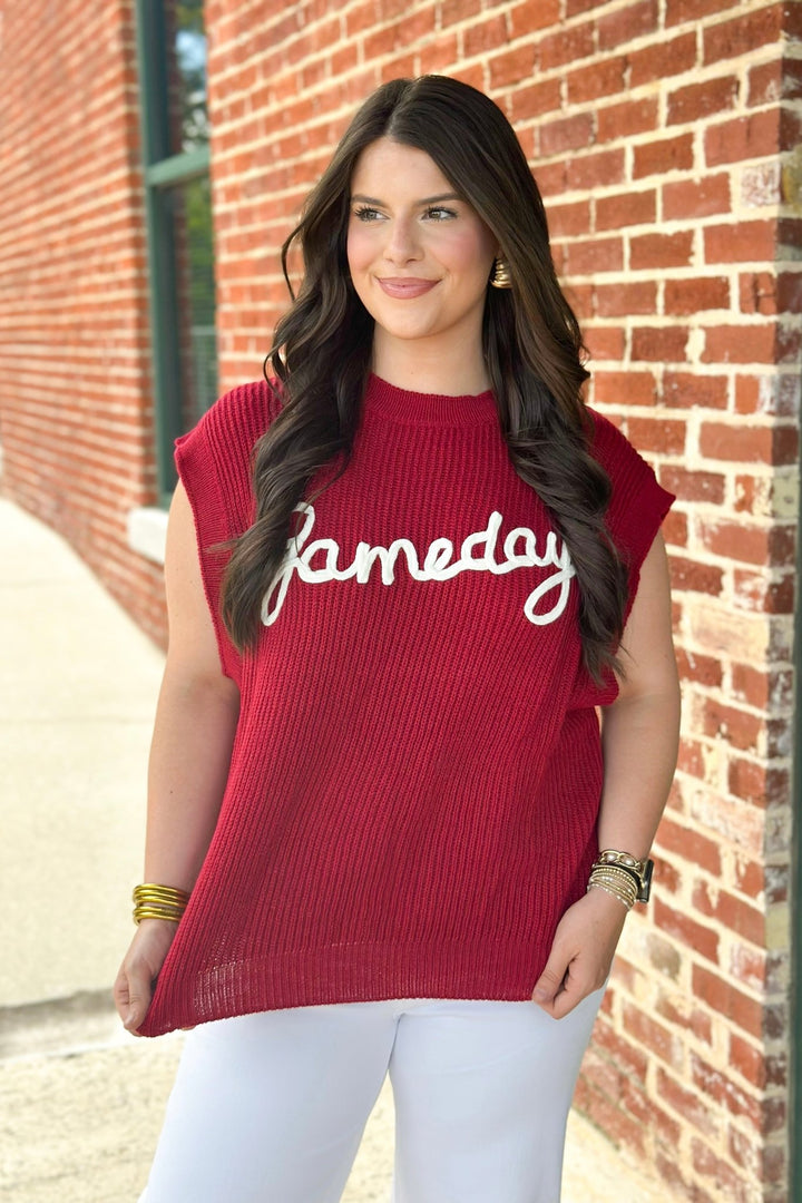 Burgundy Game Day Embroidered Sleeveless Sweater - Lavish Boutique Tops
