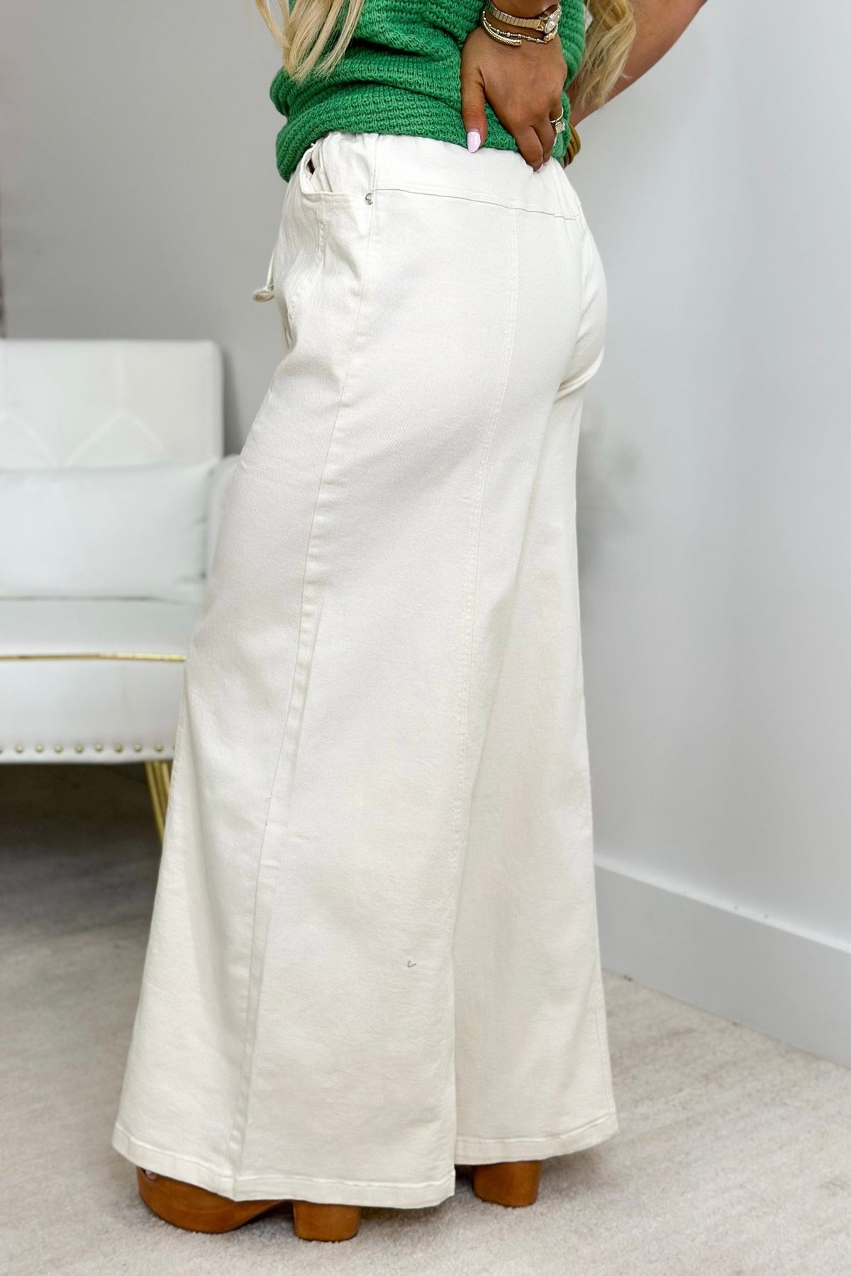 Mineral washed cream pants with a full wide leg