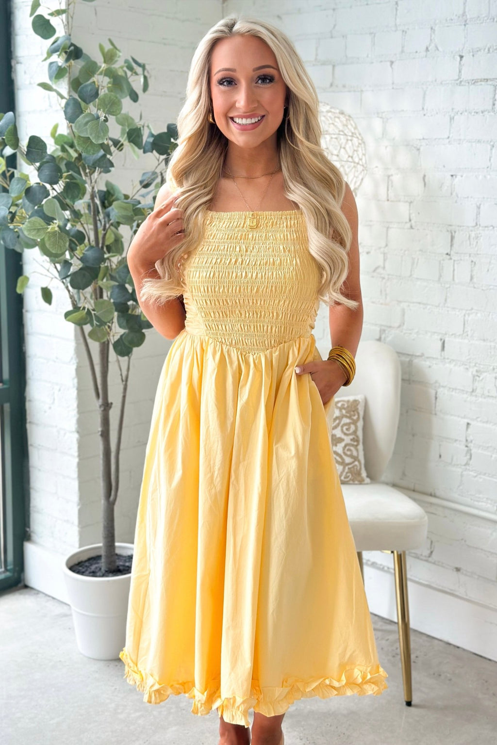Butter Yellow Smocked Cut Out Back Midi Dress*FINAL SALE* Large