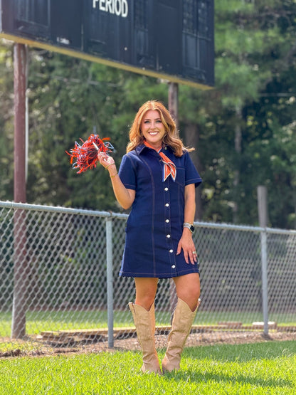 Dark denim mini dress with a button front and tie waist
