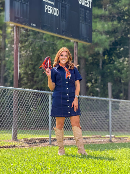 Short sleeve denim mini dress with a knotted waist