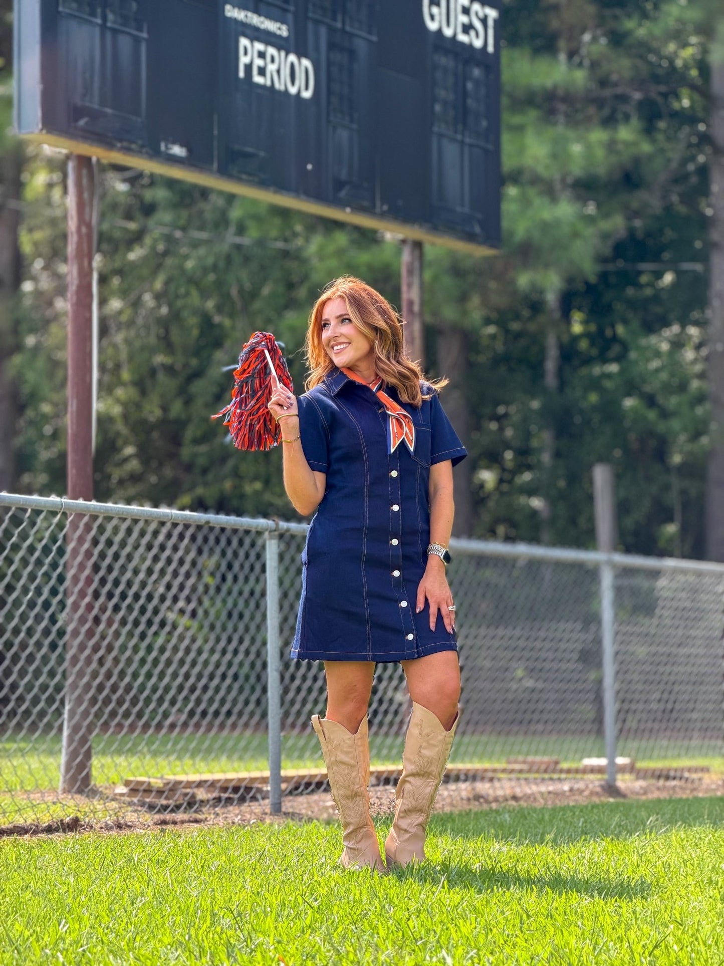 Dark denim dress with a short hem and short sleeves