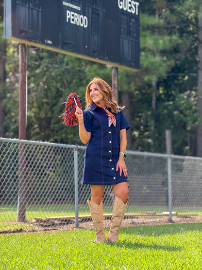 Dark denim dress with a short hem and short sleeves