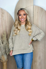 Light Mocha Washed Side Slit Long Sleeve Sweater