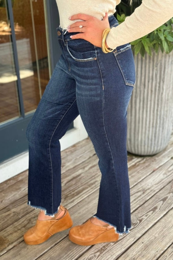 Dark Mid-Rise Crop Straight Slim Jeans