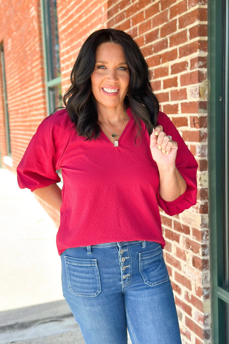 Crimson Scalloped V-Neck Top