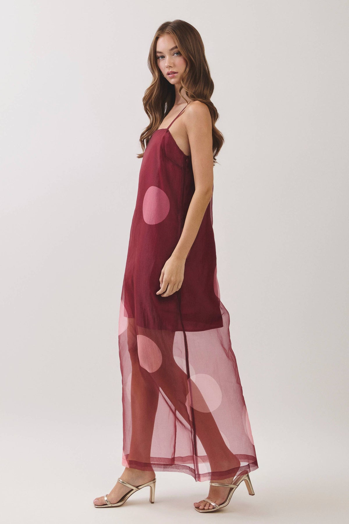 Pretty Follies Polka Dot Sheer Overlay Maxi Dress in Burgundy