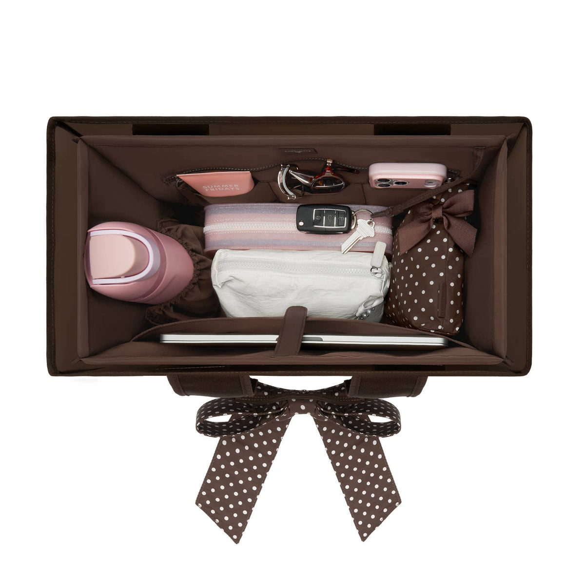 Espresso tote organizer with multiple compartments and a tied ribbon detail on front