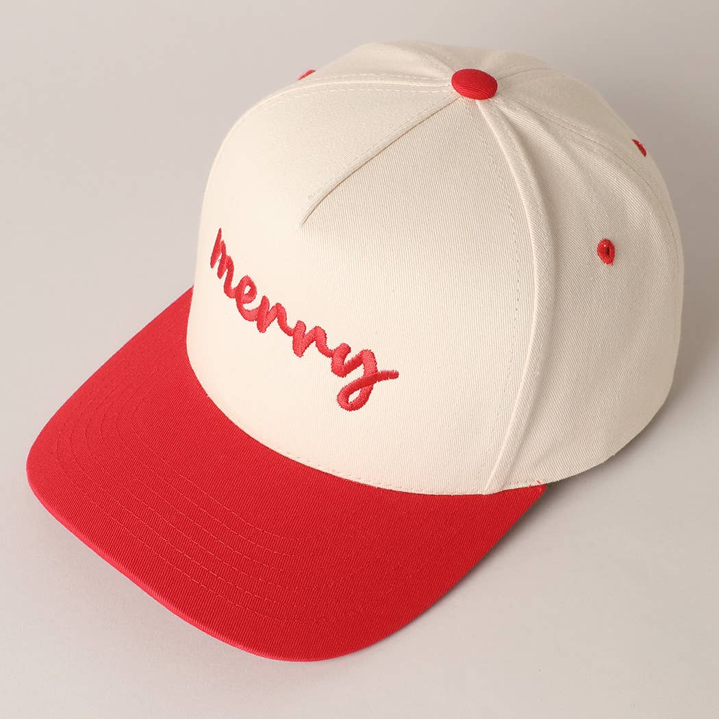 Cream baseball cap with red bill and merry embroidery