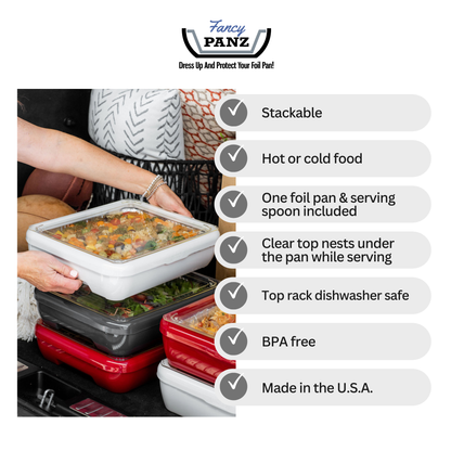 Navy foil pan carrier with clear foil pan insert open, hands placing food inside