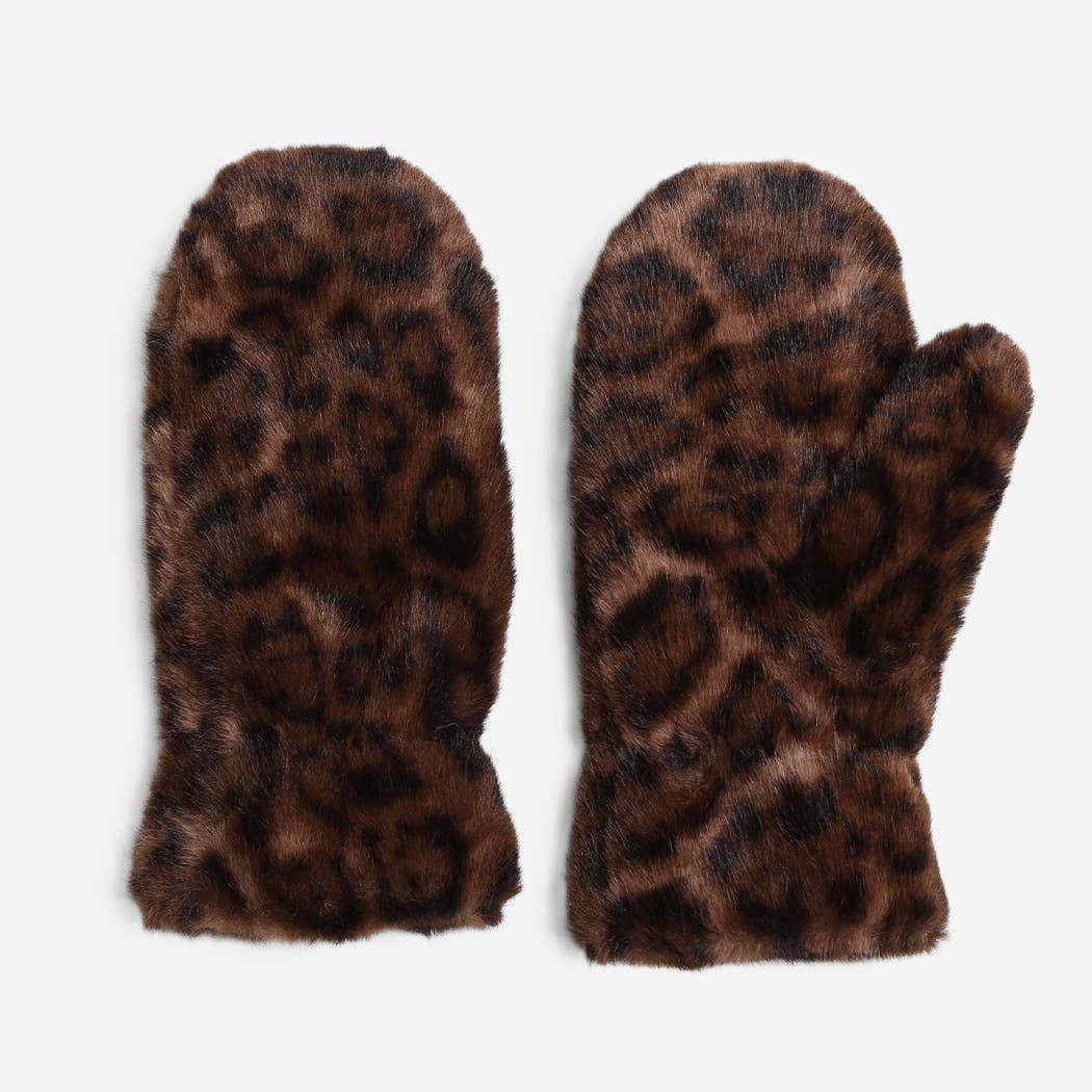 Leopard print faux fur winter mittens
