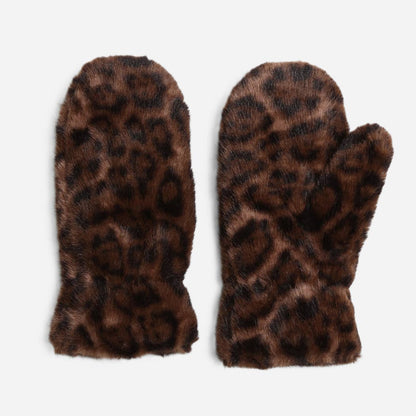 Leopard print faux fur winter mittens
