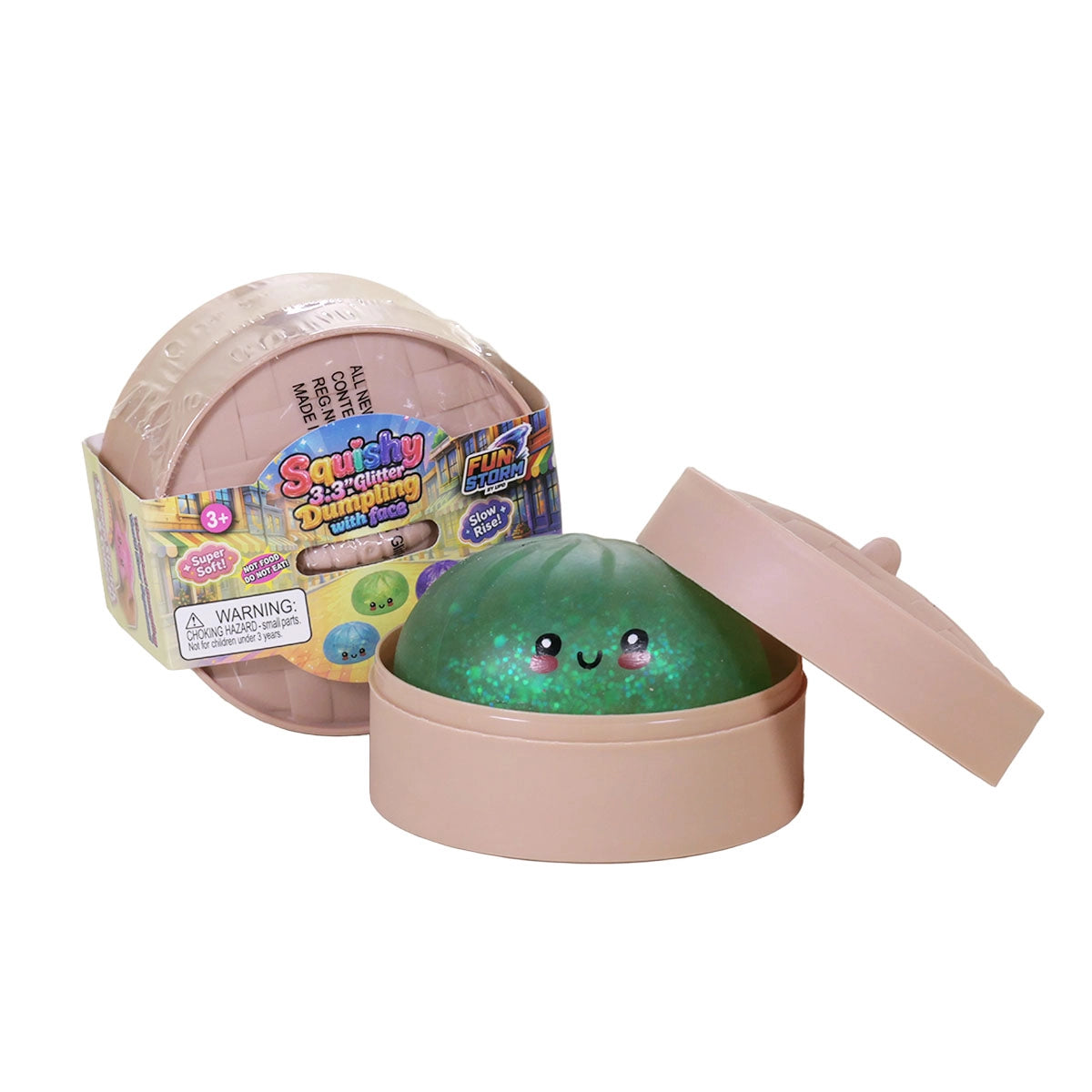 Glitter dumpling squishy toy in a pink steamer, with a green smiling dumpling and packaging.