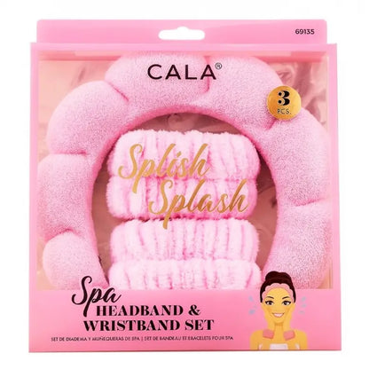 CALA pink spa headband and wristband set in retail packaging, labeled three pieces.