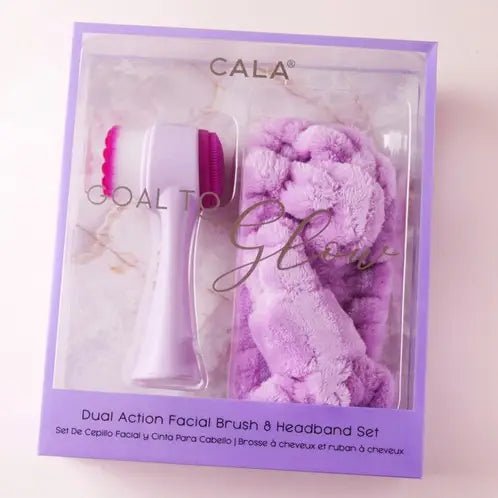Facial cleansing brush and headband set in purple