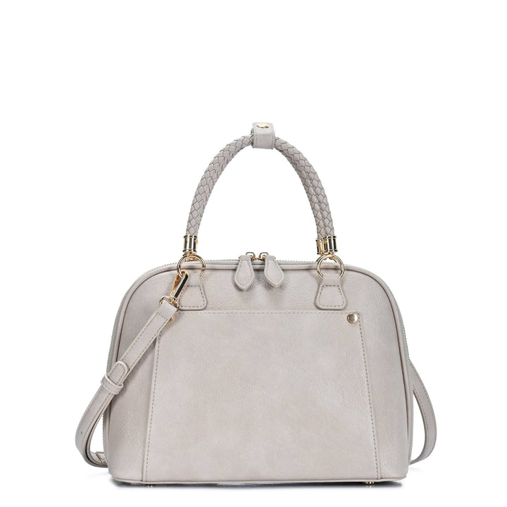 Stone satchel purse with braided top handles and adjustable shoulder strap