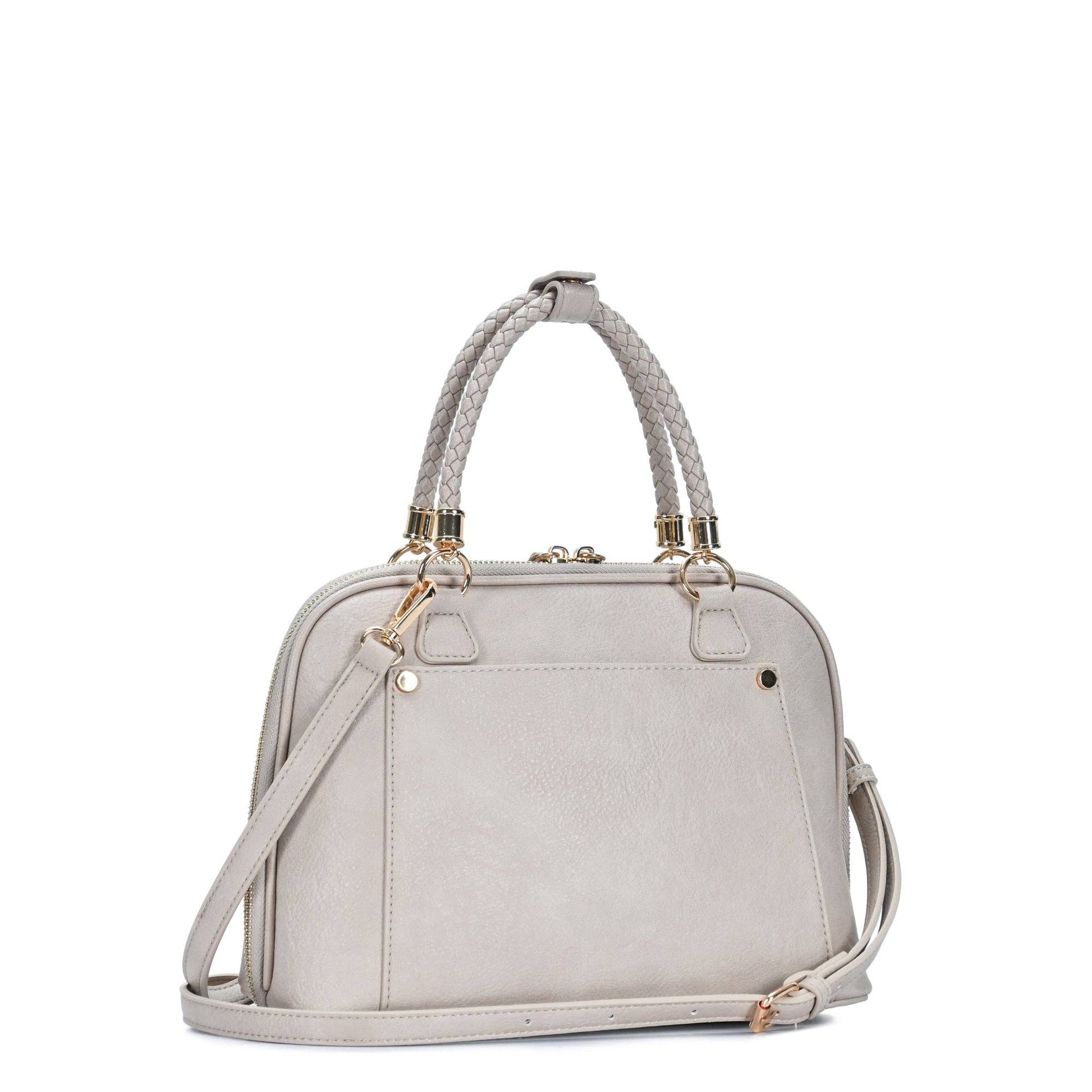 Stone satchel purse, front stitched panel and braided rope handles