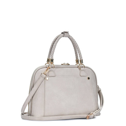 Stone satchel purse, front stitched panel and braided rope handles