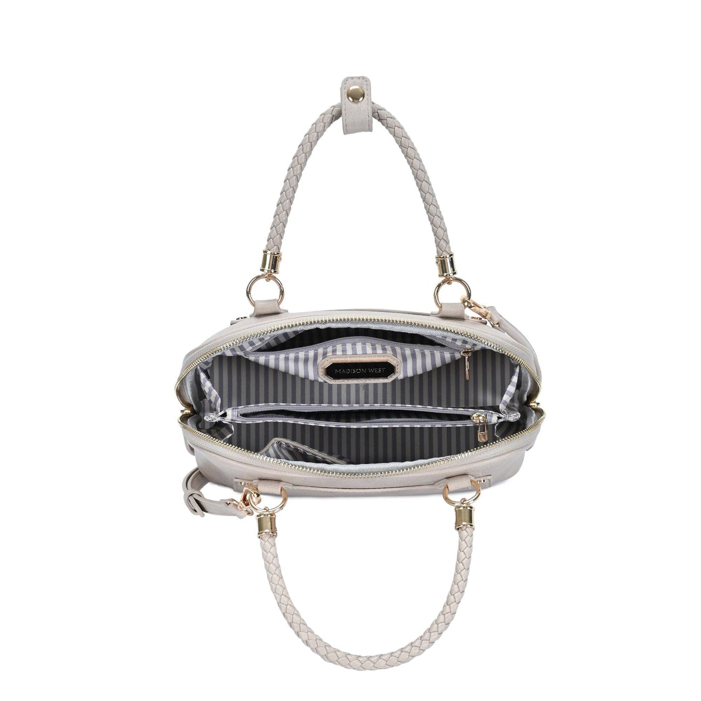Stone satchel purse interior view with striped lining and zipper pocket