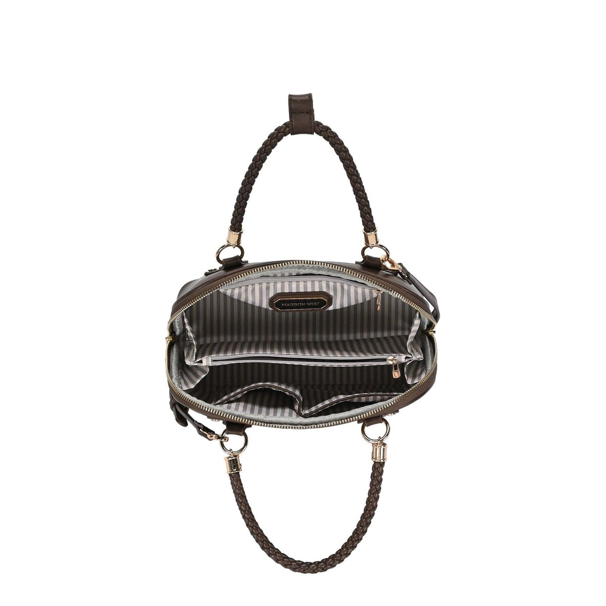 Satchel purse with striped interior lining and zip pocket, braided rope handles