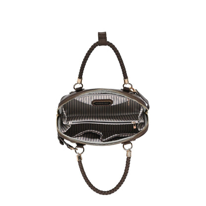 Satchel purse with striped interior lining and zip pocket, braided rope handles